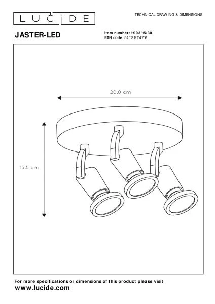 Lucide JASTER-LED - Ceiling spotlight - Ø 20 cm - LED - GU10 - 3x5W 2700K - Black - technical